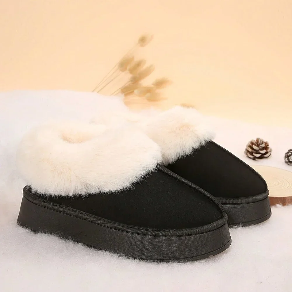 Black Casual Women's Thick Flat Suede Shearling Slippers